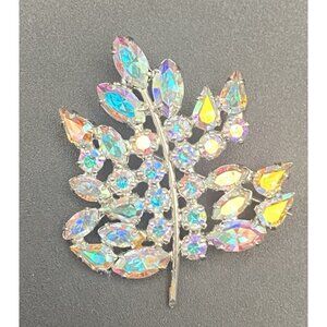 Vtg B David Brooch Silver Tone Brilliant Aurora Borealis Figural Leaf Signed